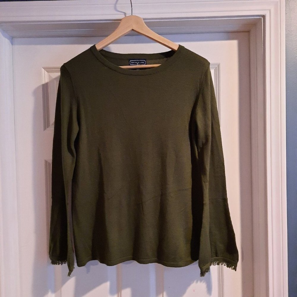 Duffield Lane Sweater Womens‎ Large Green Flare Sleeve Fringe Trim Boho